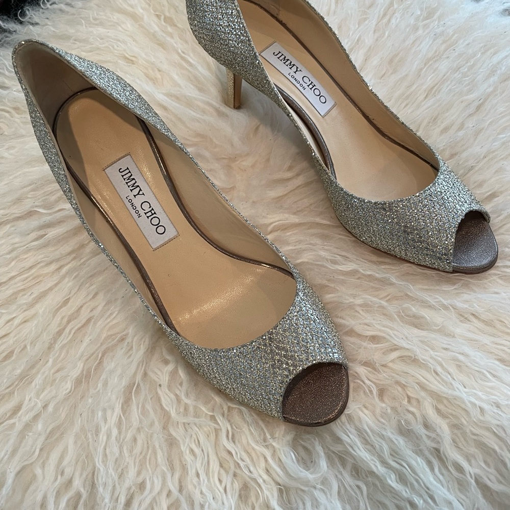 Jimmy Choo Isabel Glitter Peep Toe Pumps Sz 8